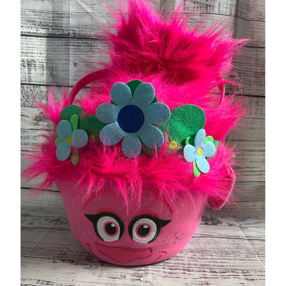 DreamWorks Trolls World Tour Poppy Easter Halloween Basket Pink Faux Fur Flower